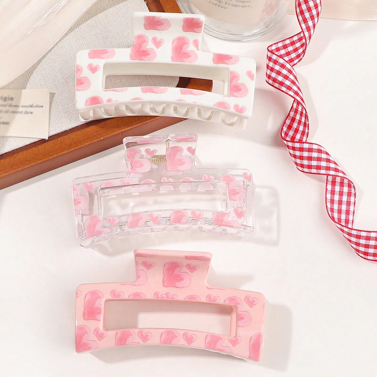 Hair Claw Clip Set - 3 Stuks Roze Liefde Print Haar